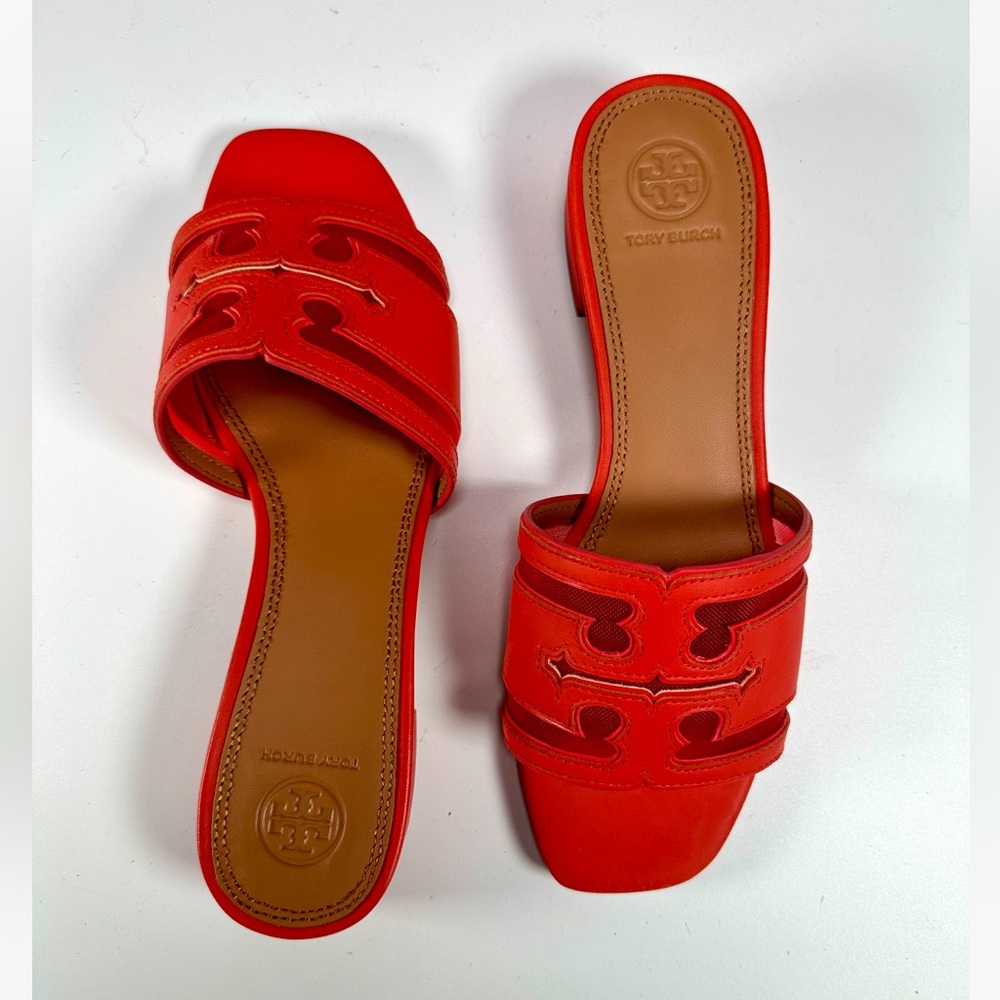 NIB Tory Burch Stitched Logo 30 mm Slide Sandals Calf Leather/Mesh Patent - Picture 2 of 11